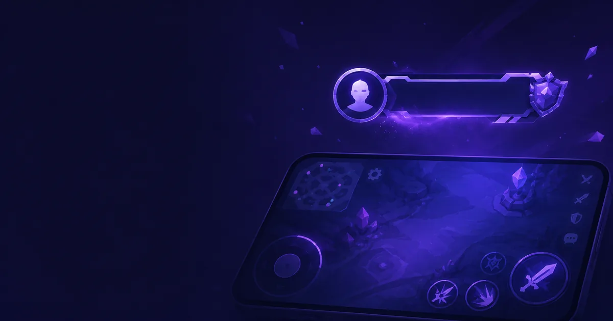 Dark gaming illustration of a mobile game HUD with an empty glowing nameplate