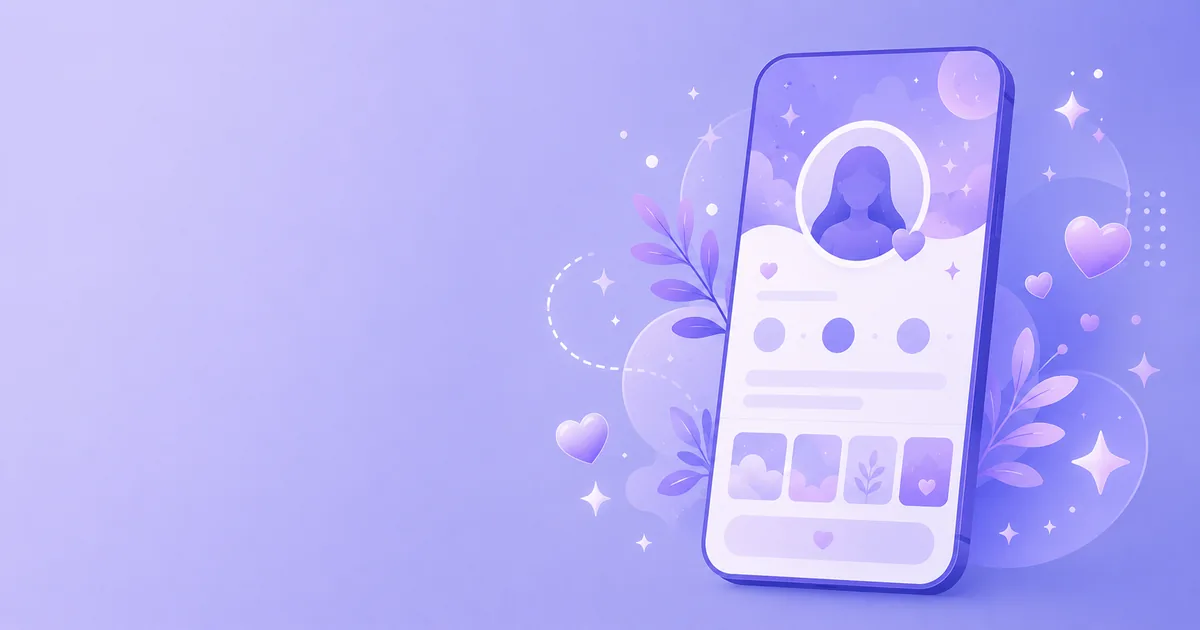 Soft aesthetic illustration of a phone profile with sparkles and hearts