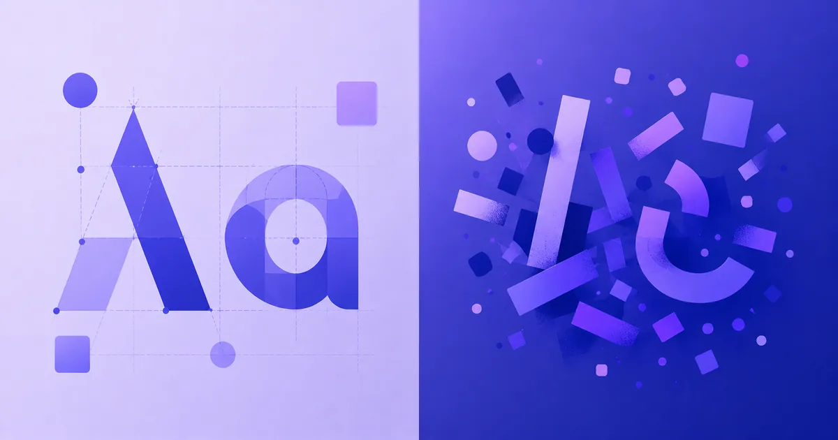 Split illustration contrasting a structured letterform grid with scattered shapes