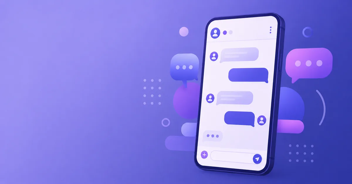 Illustration of a phone showing a chat interface with speech bubbles