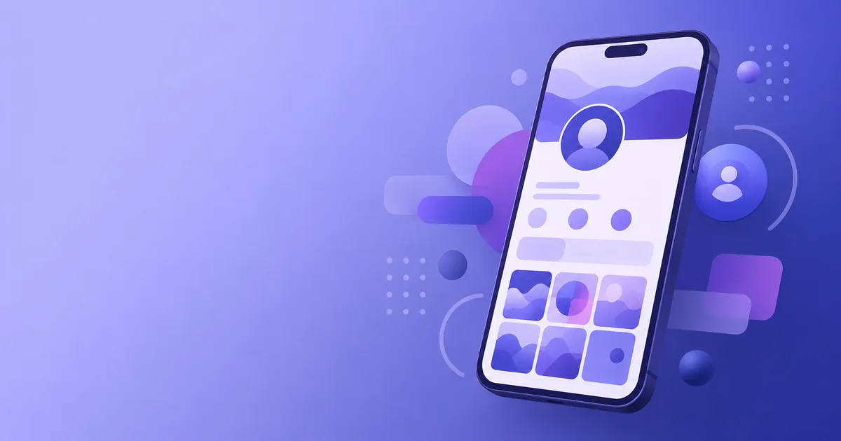 Illustration of a smartphone showing a social profile with floating typographic shapes